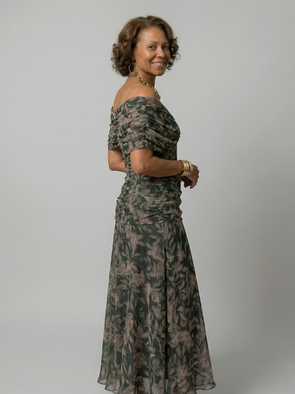 Isaline | Robe Midi Épaules Dénudées Fluide