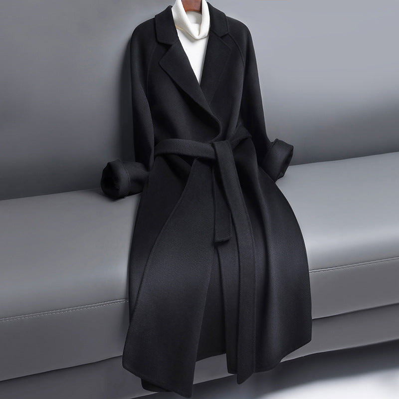 Manteau long en laine femme à col tailleur et ceinture