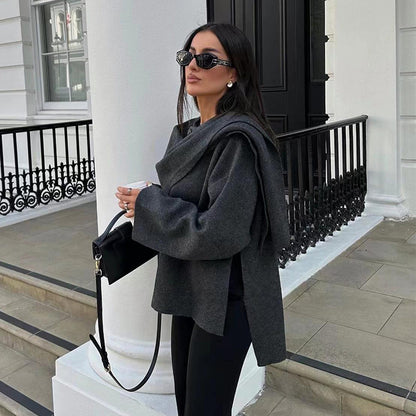 Manteau court femme en maille à écharpe asymétrique