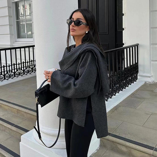 Manteau court femme en maille à écharpe asymétrique
