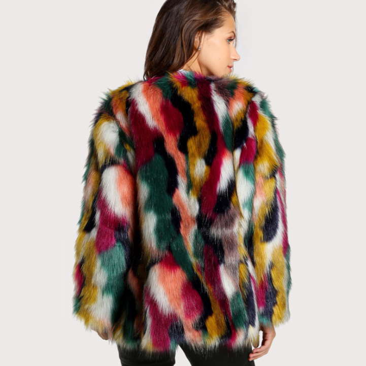 Manteau femme en fausse fourrure multicolore, manches longues