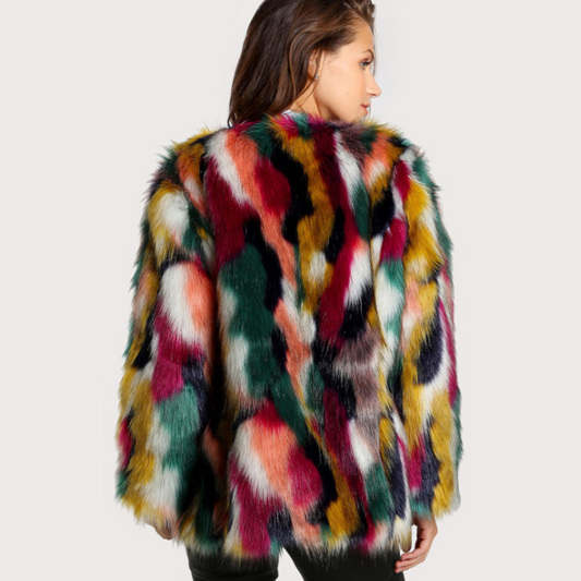 Manteau femme en fausse fourrure multicolore, manches longues