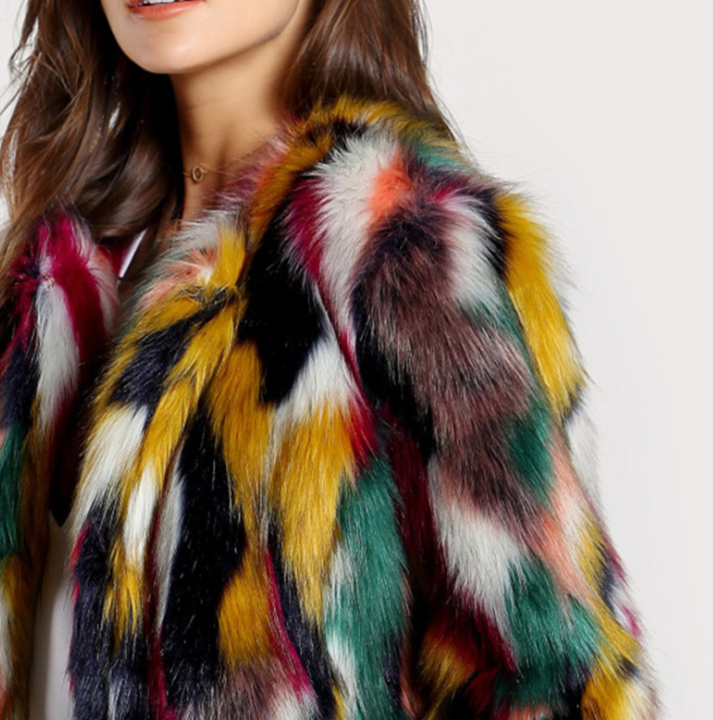 Manteau femme en fausse fourrure multicolore, manches longues