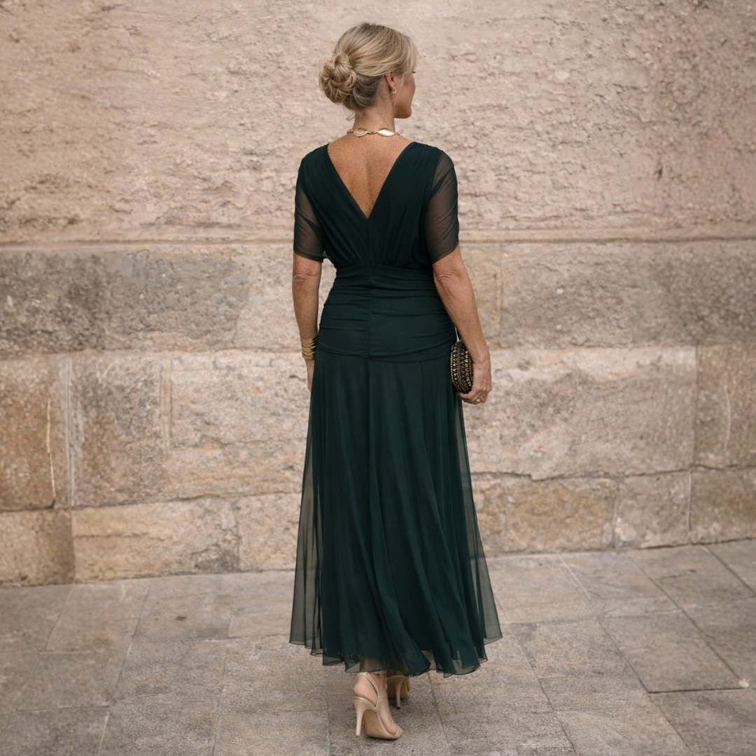 Robe maxi femme drapée col V taille froncée