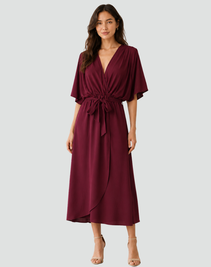 Robe portefeuille midi femme à nouer - rouge violet