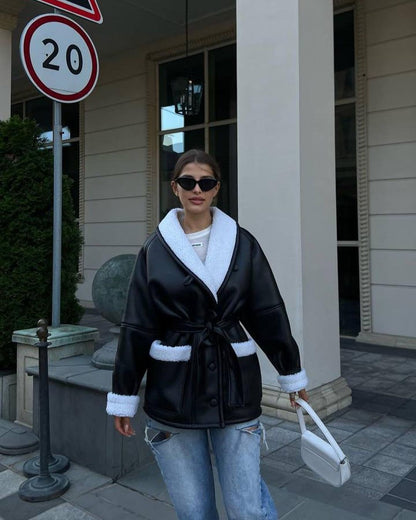 Manteau femme long en similicuir à poches