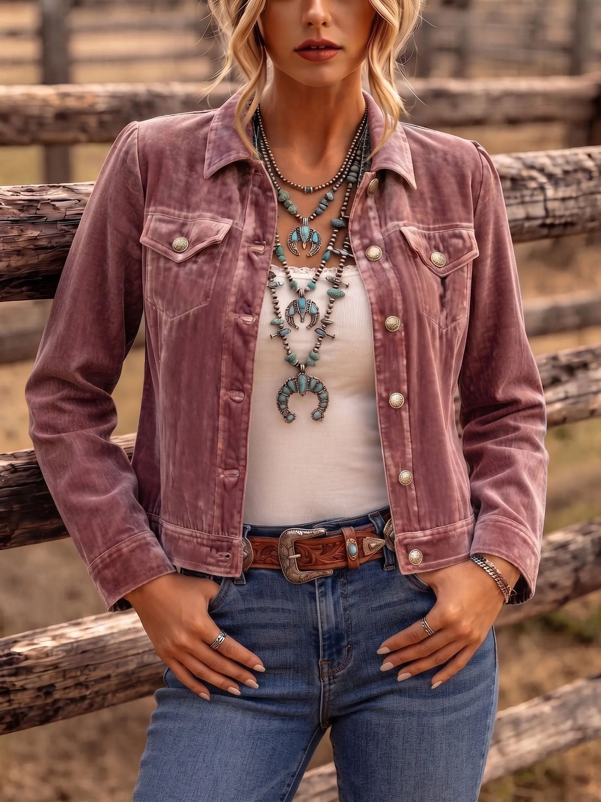 Femme portant une veste boutonnée délavée au style vintage