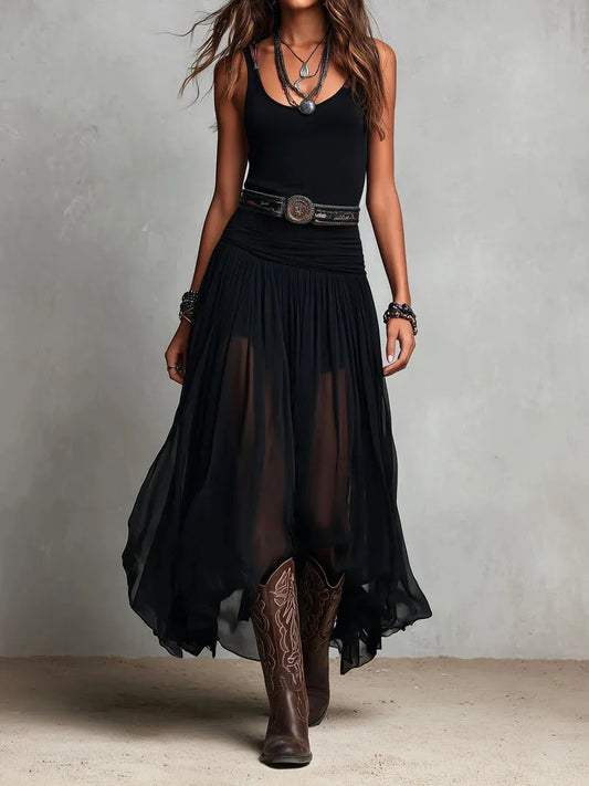 Robe longue femme double couche avec ceinture
