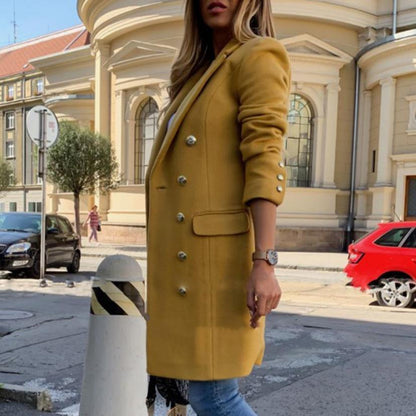 Manteau mi-long jaune croisé à col revers pour femme