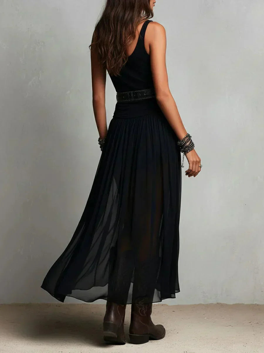 Robe longue femme double couche avec ceinture