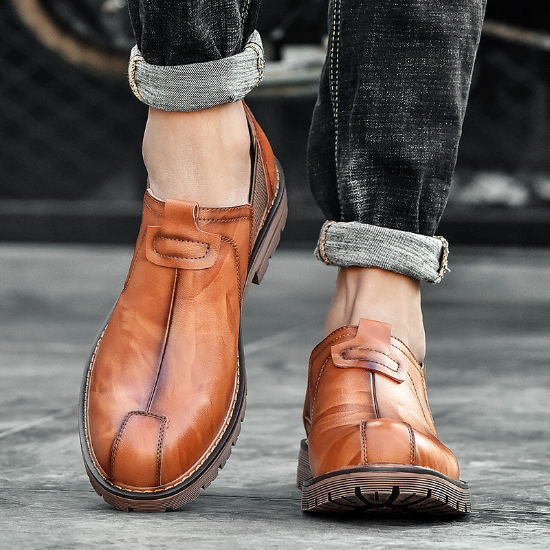Mocassins homme en cuir, bout rond, marron rouge
