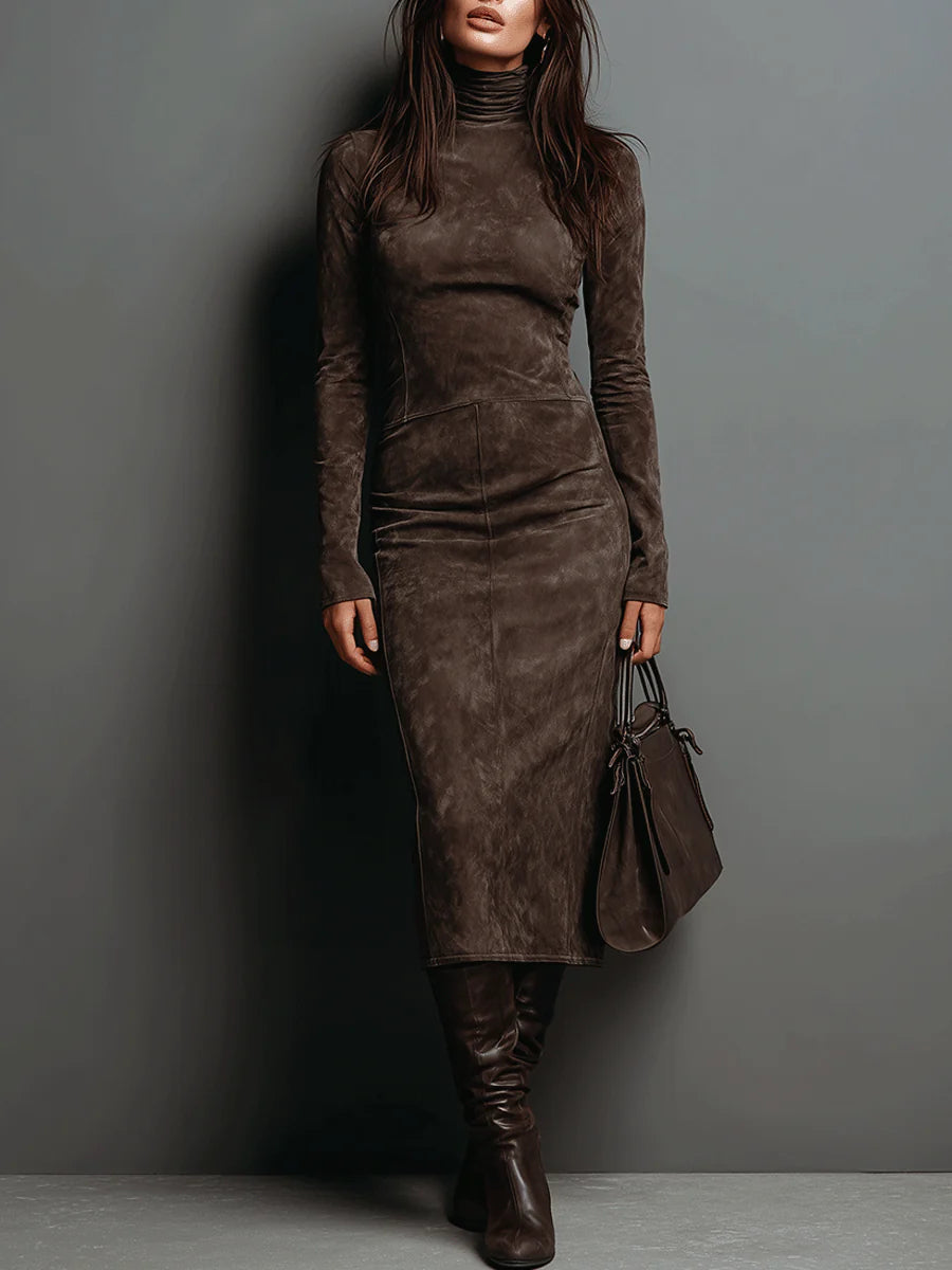 Robe midi moulante col roulé manches longues pour femme