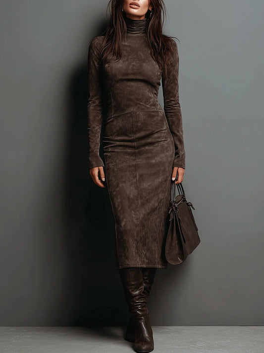Robe midi moulante col roulé manches longues pour femme