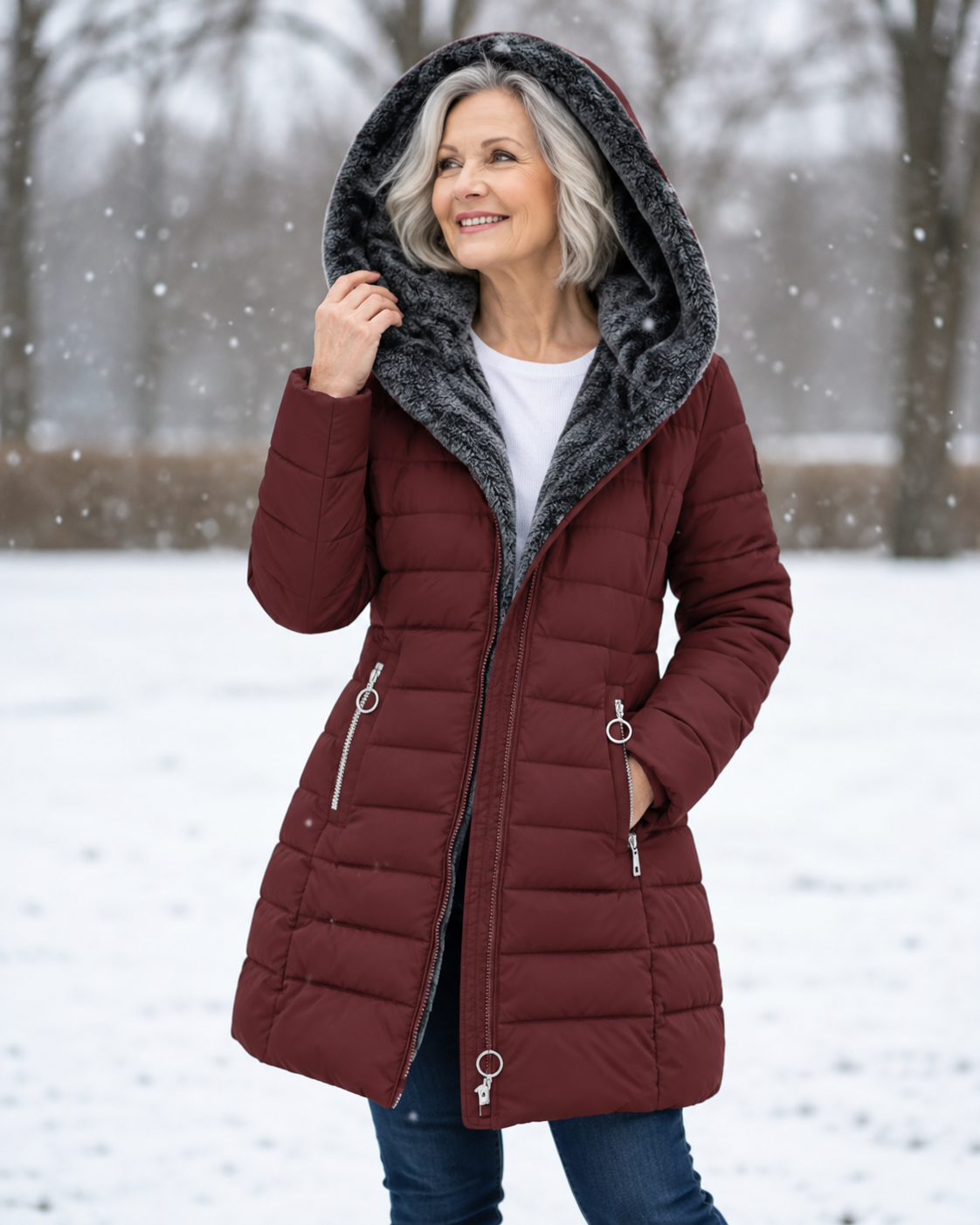 Femme portant un manteau d'hiver matelassé à capuche