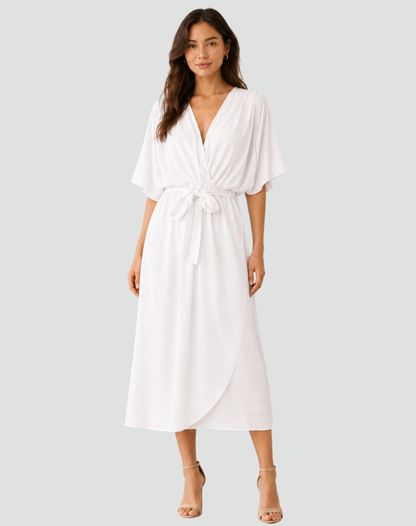 Robe portefeuille midi femme à nouer - blanc