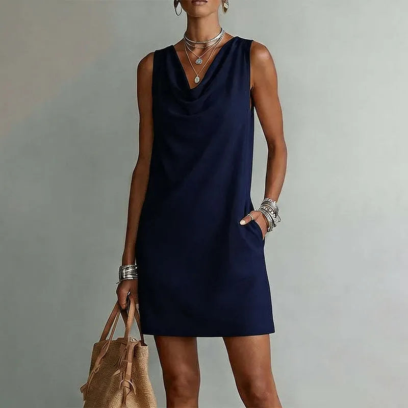 Mini robe femme sans manches avec col drapé