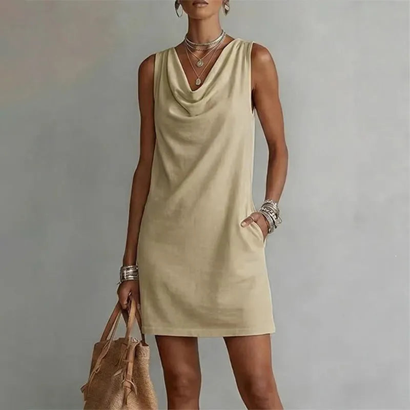 Mini robe femme sans manches avec col drapé