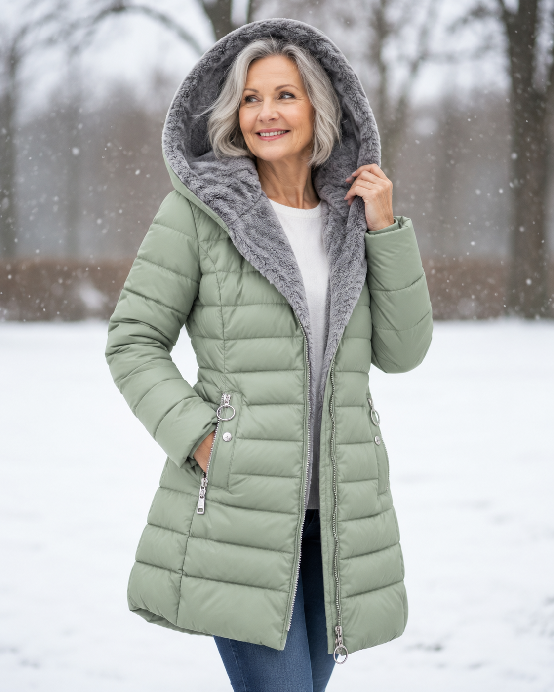 Femme portant un manteau d'hiver matelassé à capuche