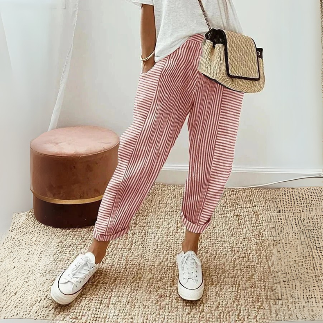 Élise | Pantalon Femme Rayé en Lin Léger