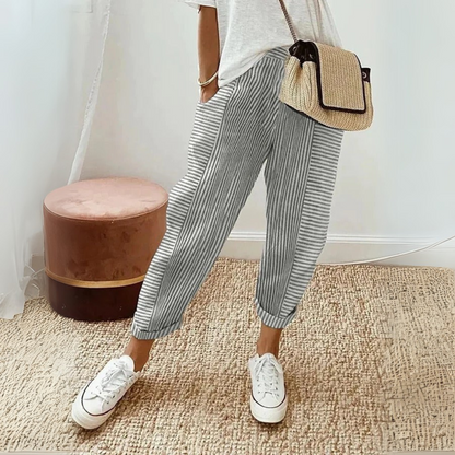 Élise | Pantalon Femme Rayé en Lin Léger