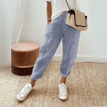 Élise | Pantalon Femme Rayé en Lin Léger