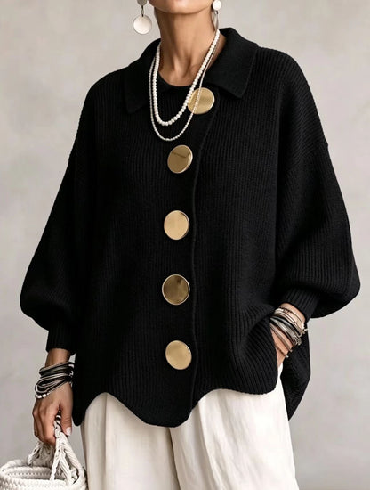 Cardigan oversize femme à col pointu et boutons dorés