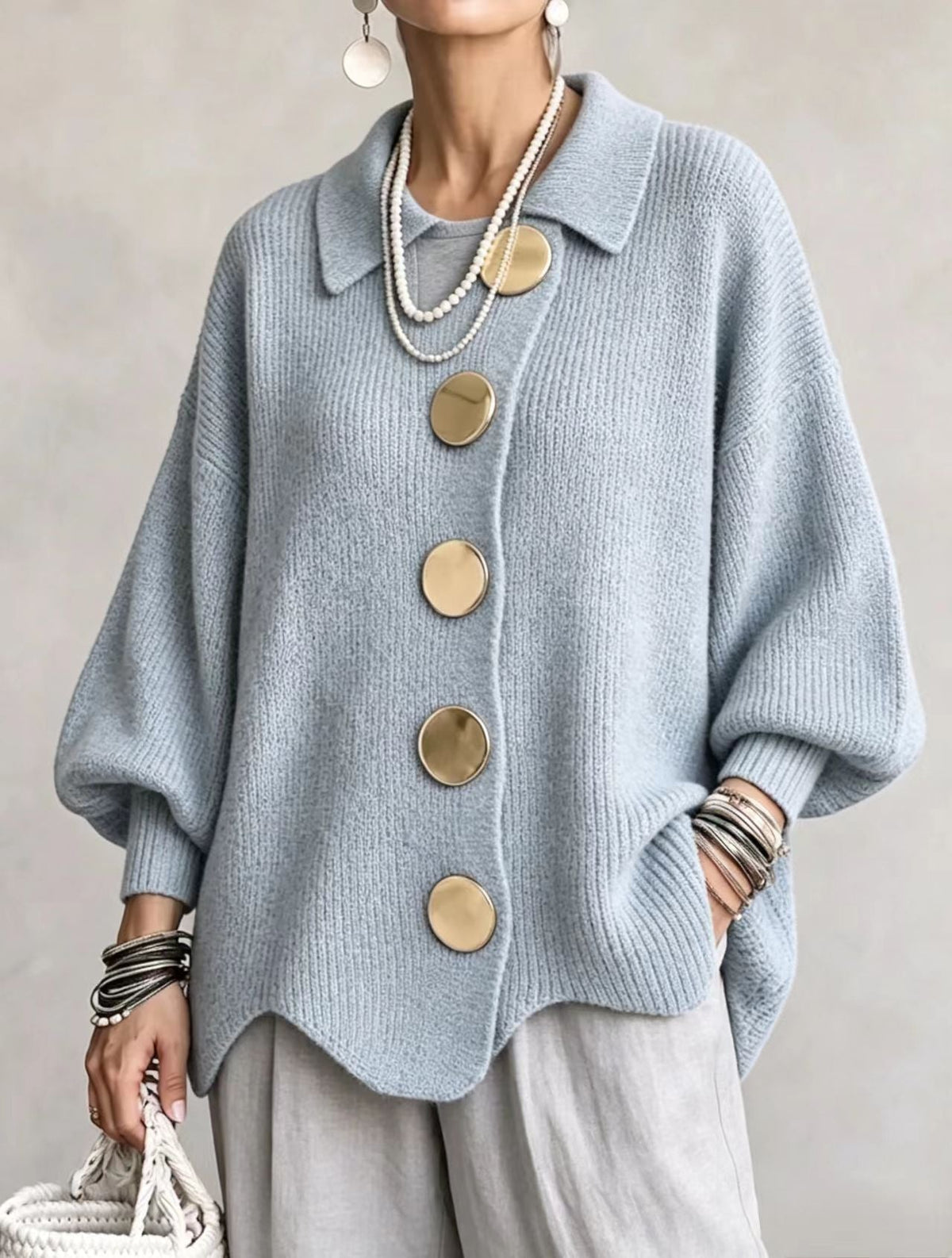Cardigan oversize femme à manches lanterne et col pointu