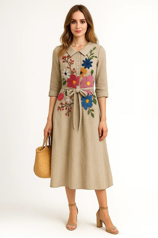 Robe imprimée motifs botaniques en coton et lin - beige