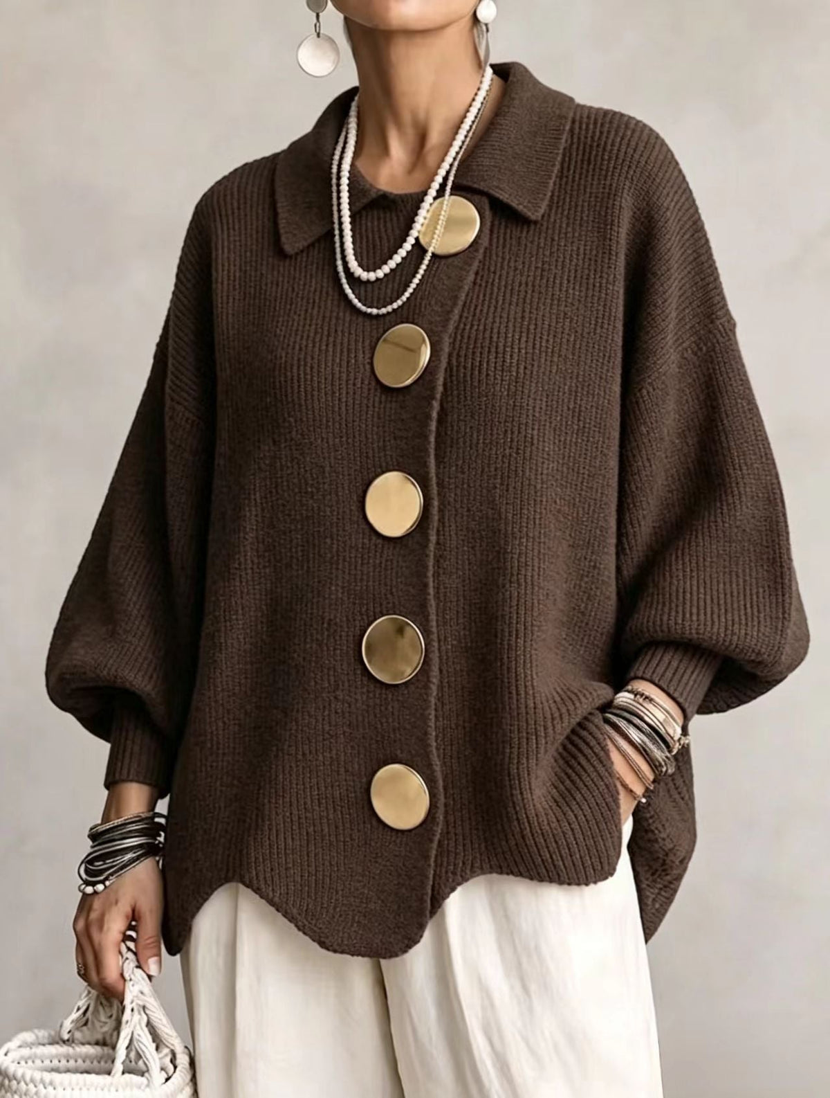 Cardigan oversize femme à manches lanterne et col pointu