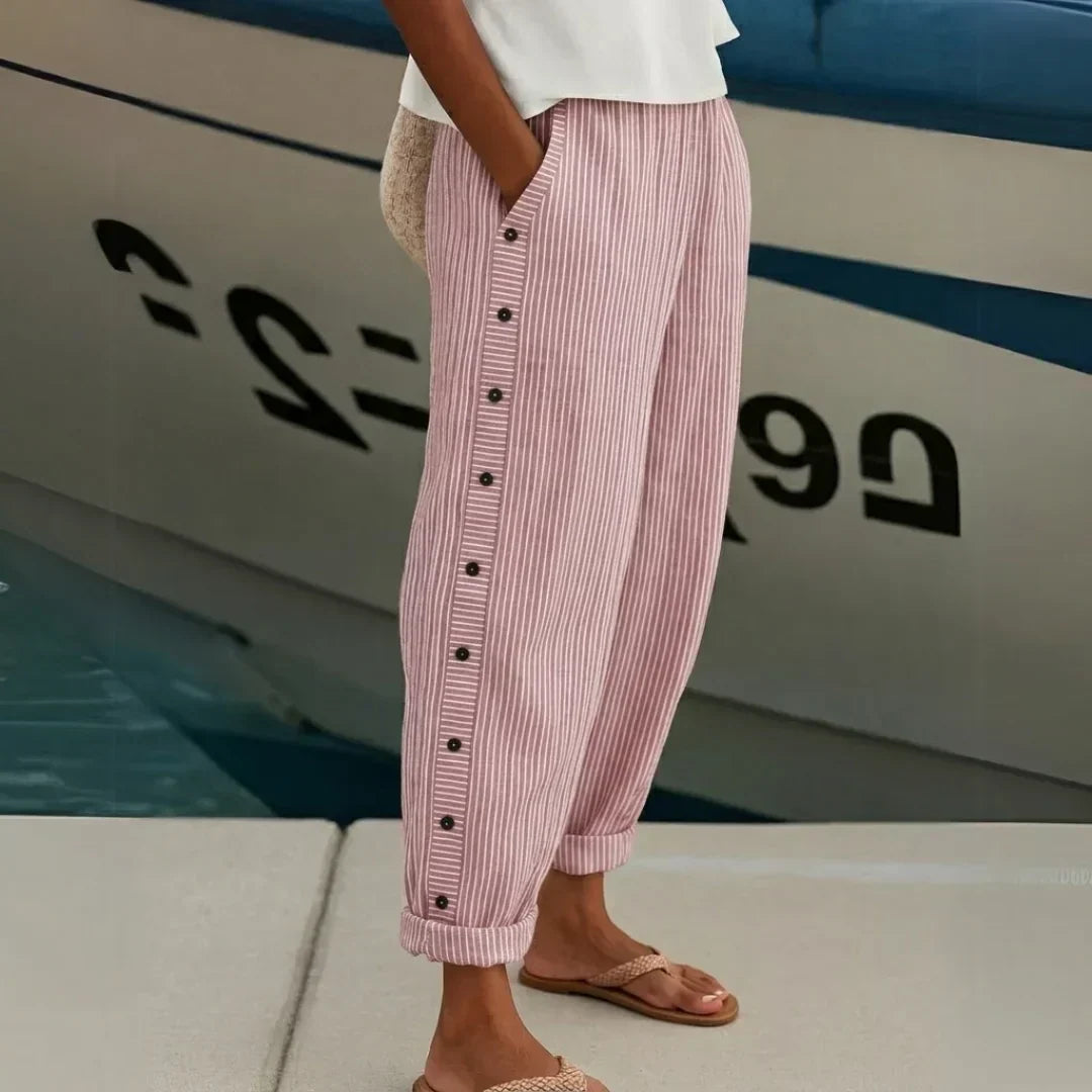 Pantalon rayé femme taille haute à boutons