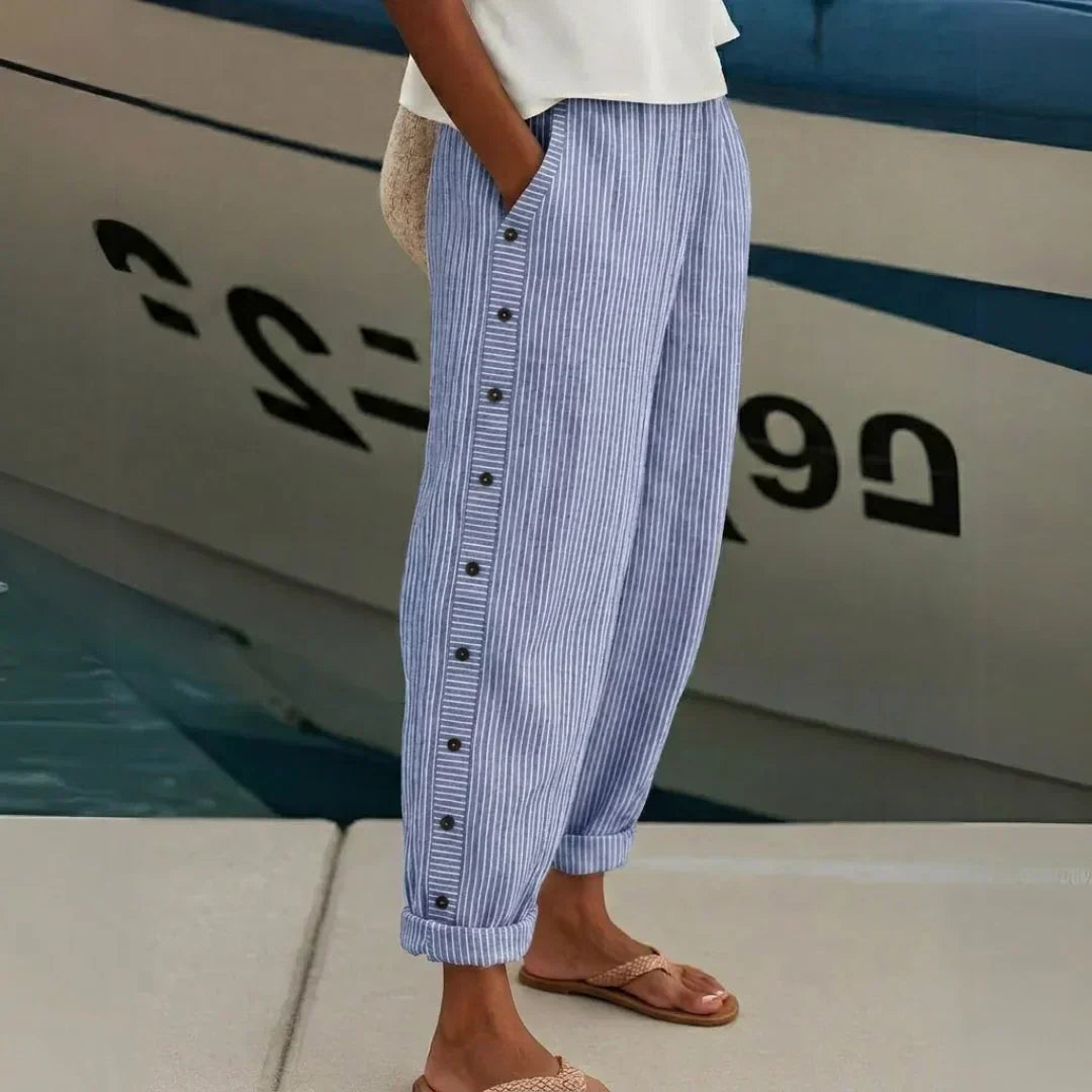 Pantalon rayé femme taille haute à boutons