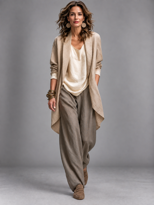 Femme portant un ensemble taupe trois pièces à jambes larges