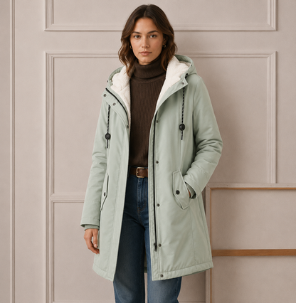 Femme portant un manteau d'hiver matelassé à capuche