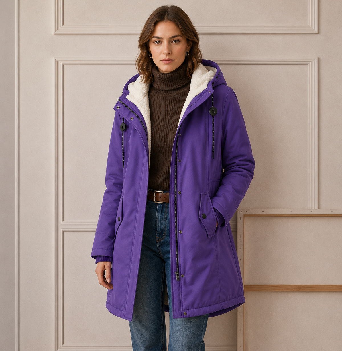 Femme portant un manteau d'hiver matelassé à capuche