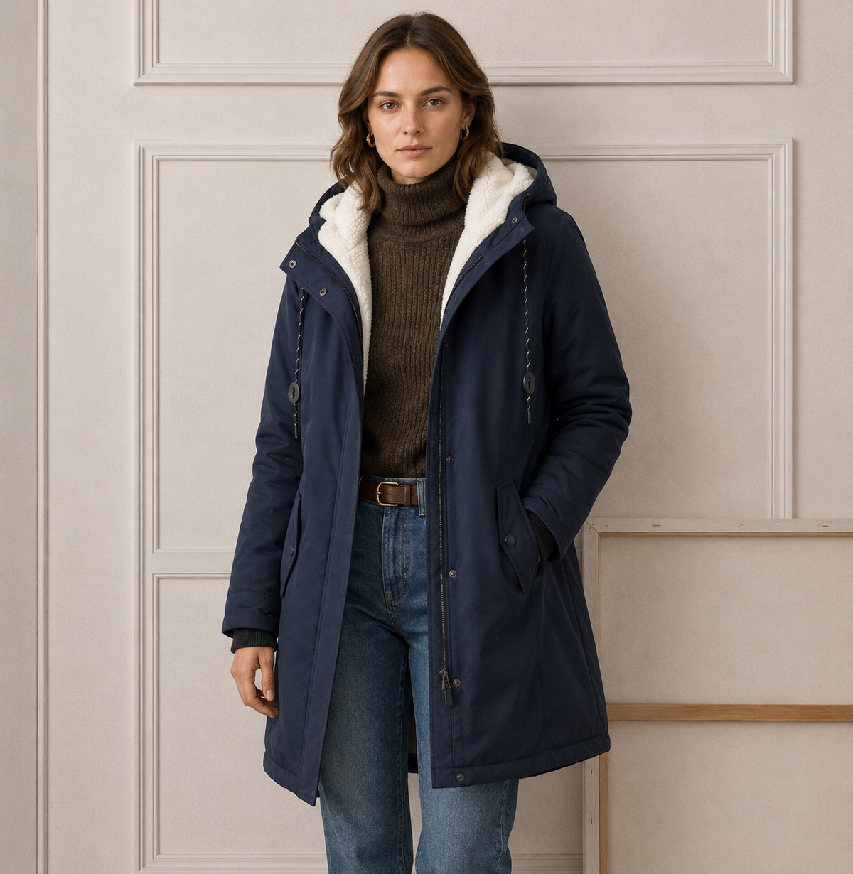 Femme portant un manteau d'hiver matelassé à capuche