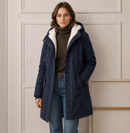 Femme portant un manteau d'hiver matelassé à capuche