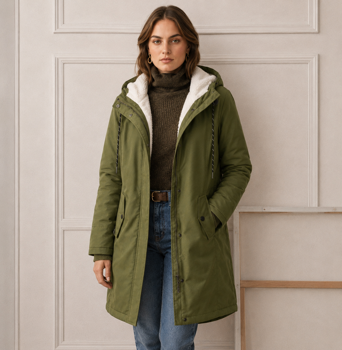 Femme portant un manteau d'hiver matelassé à capuche