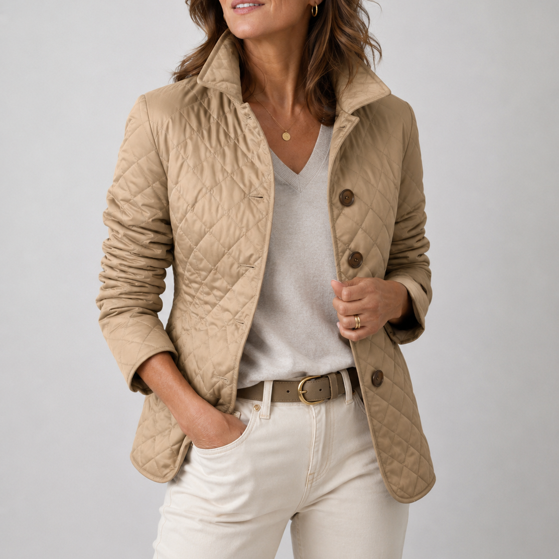 Femme portant veste matelassée boutonnée à losanges