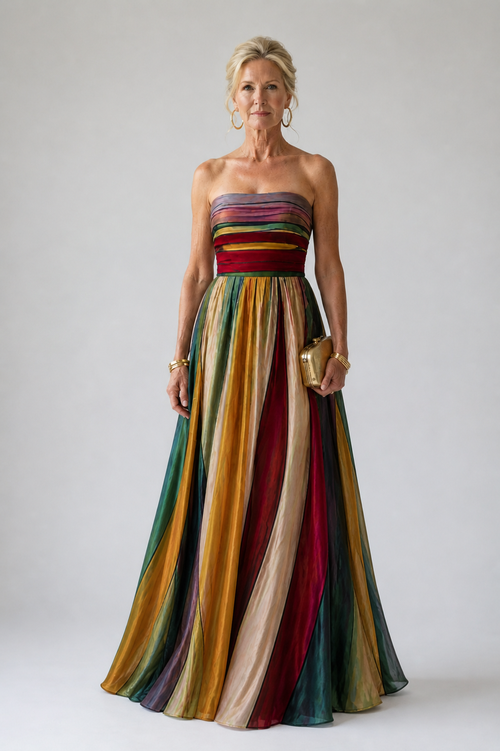 Femme en robe longue bustier coupe trapèze