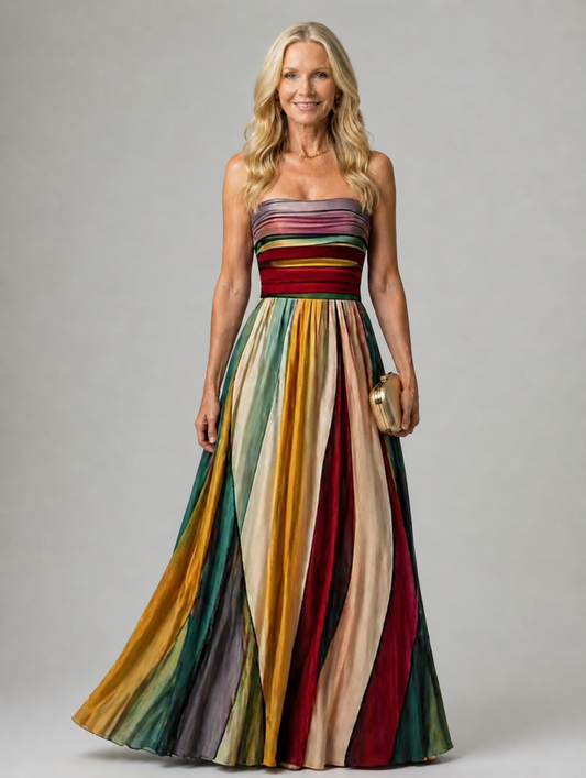 Femme en robe longue bustier coupe trapèze