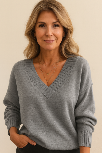Pull femme en maille à col en V - gris