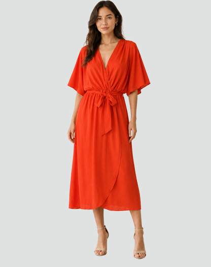 Robe portefeuille midi femme à nouer - orange