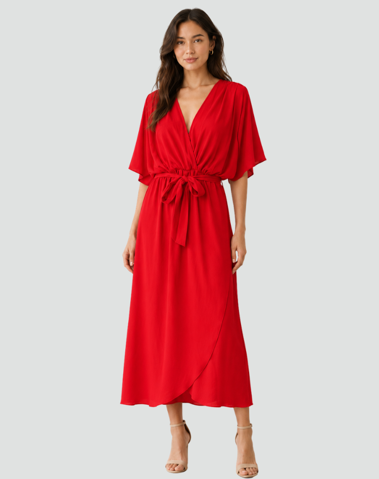 Robe portefeuille midi femme à nouer - rouge