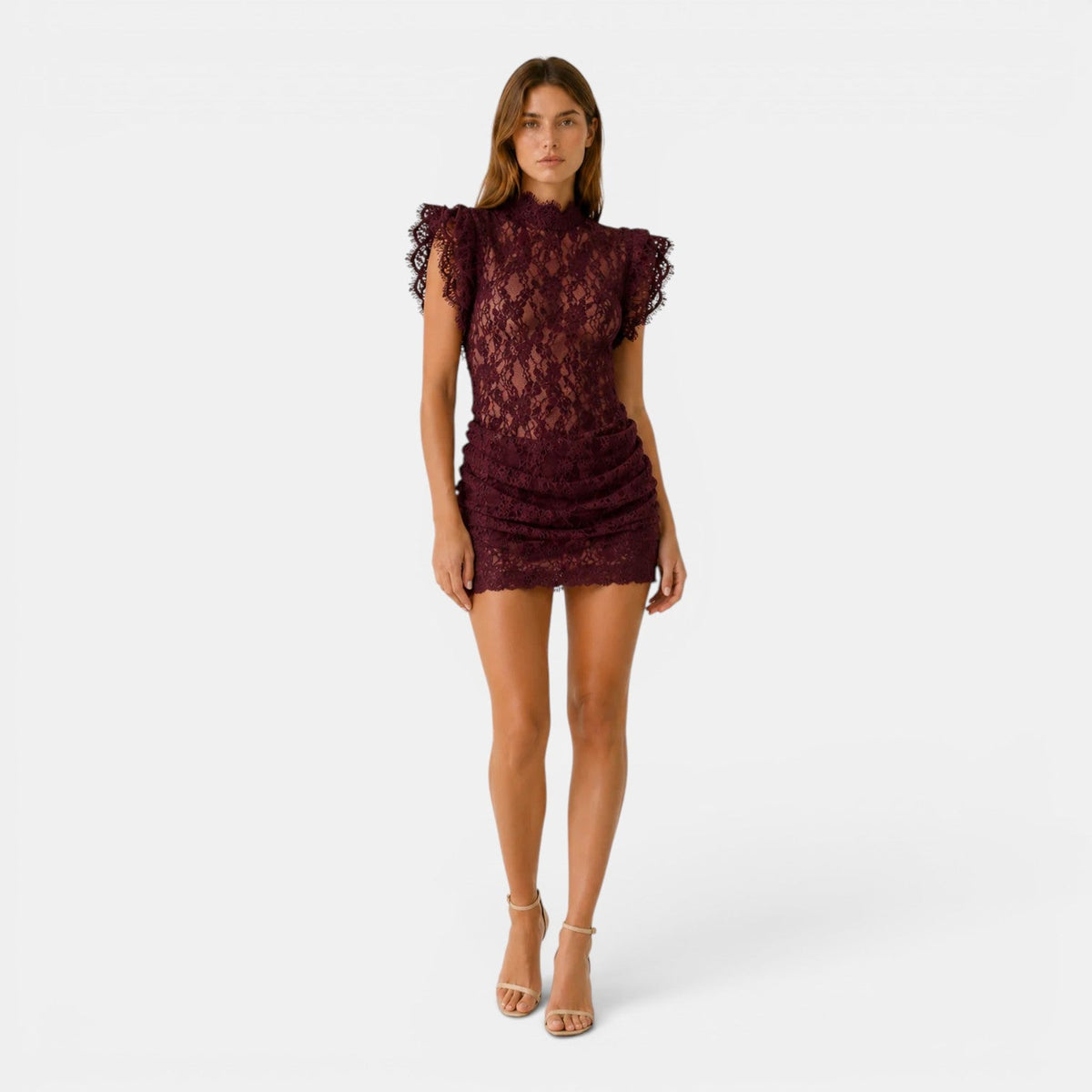 Robe mini femme en dentelle froncée - rouge foncé
