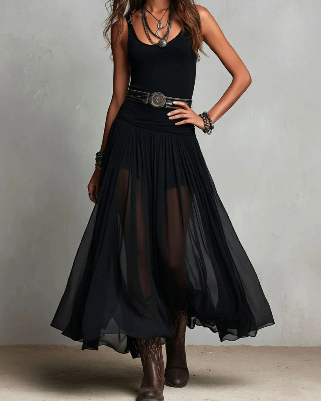 Robe longue femme double couche avec ceinture