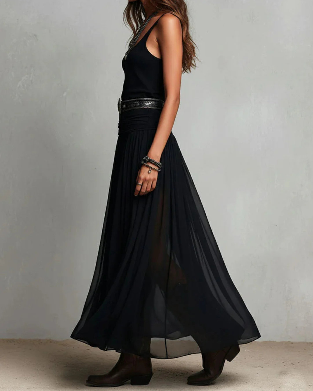 Robe longue femme double couche avec ceinture
