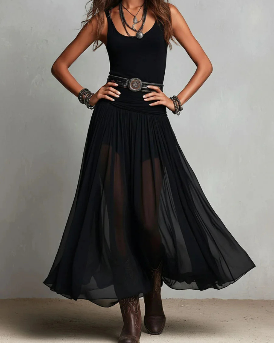 Robe longue femme double couche avec ceinture