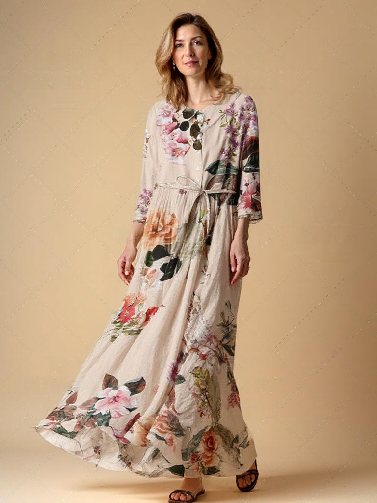 Robe longue imprimée fleurs sauvages en coton - rose pâle