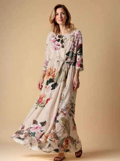Robe longue imprimée fleurs sauvages en coton - rose pâle