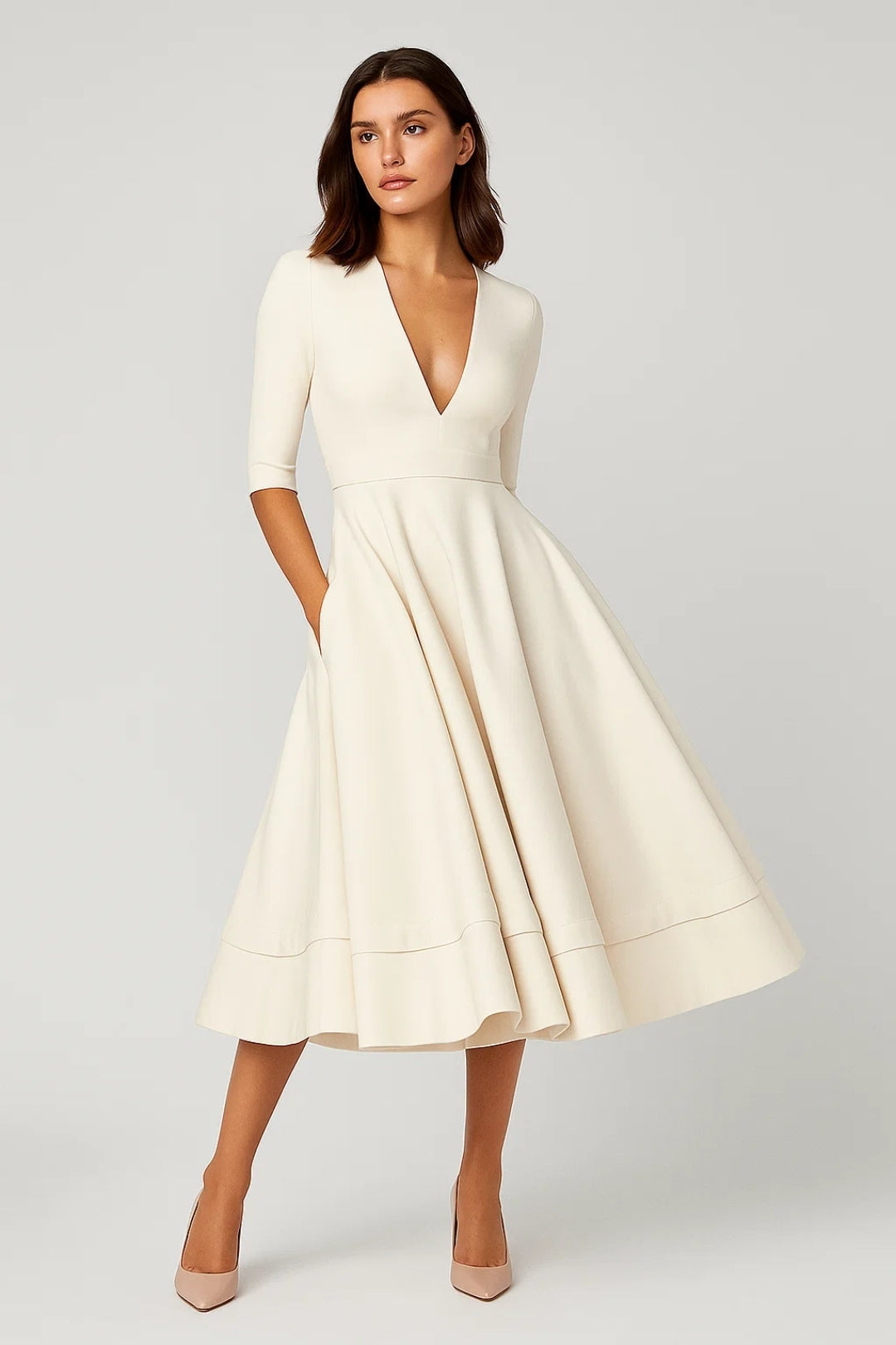 Robe midi élégante | Coupe évasée | Décolleté en V profond | Silhouette féminine pour un style intemporel de mi-saison